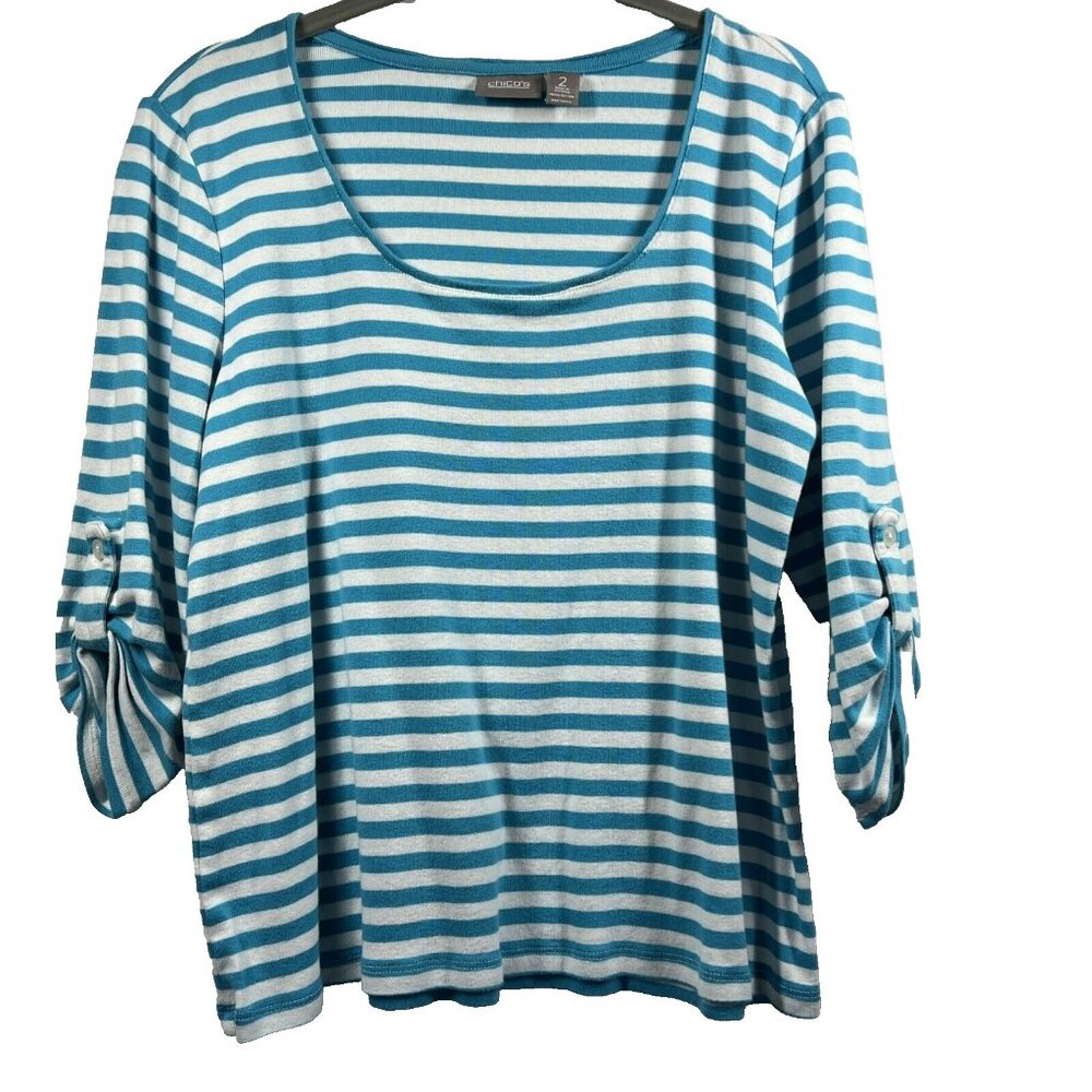 Chicos Women's Top Size Large Blue White Stripe 3/4 Button‎ Sleeves Pullover